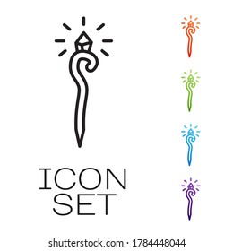 Black line Magic staff icon isolated on white background. Magic wand, scepter, stick, rod. Set icons colorful. Vector Illustration