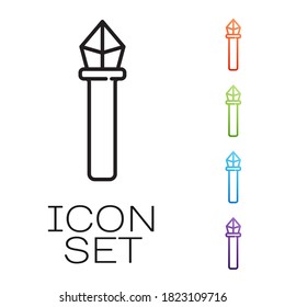 Black line Magic staff icon isolated on white background. Magic wand, scepter, stick, rod. Set icons colorful. Vector Illustration