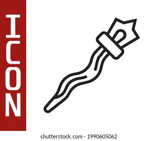 Black line Magic staff icon isolated on white background. Magic wand, scepter, stick, rod.  Vector