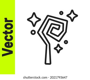 Black line Magic staff icon isolated on white background. Magic wand, scepter, stick, rod.  Vector