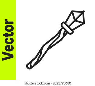 Black line Magic staff icon isolated on white background. Magic wand, scepter, stick, rod.  Vector