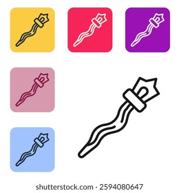 Black line Magic staff icon isolated on white background. Magic wand, scepter, stick, rod. Set icons in color square buttons. Vector