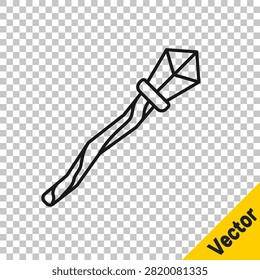Black line Magic staff icon isolated on transparent background. Magic wand, scepter, stick, rod.  Vector