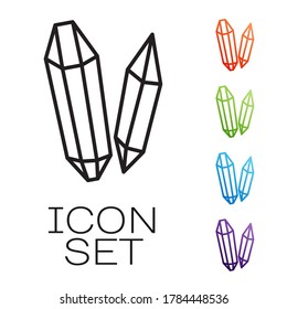Línea negra Icono de piedra mágica aislado en fondo blanco. Cristal de fantasía. Gema de joyas para el juego. Indique los iconos en colores. Ilustración vectorial