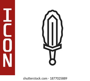 Línea negra La espada mágica en el icono del fuego aislado en el fondo blanco. Una espada feroz. Arma mágica de caballero, hechicero, mago. Con un hechizo de fuego. Cuchilla quemadora.  Vector