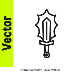 Black line Magic sword in fire icon isolated on white background. Fiery sword. Magic weapon of knight, sorcerer, magician. Fire spell. Burning blade.  Vector