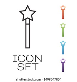 Black line Magic wand icon isolated on white background. Star shape magic accessory. Magical power. Set icons colorful. Vector Illustration
