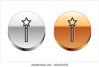Black line Magic wand icon isolated on white background. Star shape magic accessory. Magical power. Silver-gold circle button. Vector Illustration