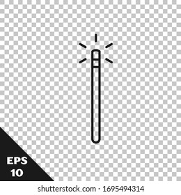 Black line Magic wand icon isolated on transparent background. Star shape magic accessory. Magical power.  Vector Illustration