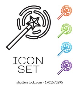 Black line Magic wand icon isolated on white background. Star shape magic accessory. Magical power. Set icons colorful. Vector Illustration