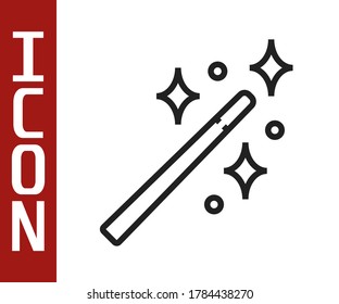Black line Magic wand icon isolated on white background. Star shape magic accessory. Magical power.  Vector Illustration