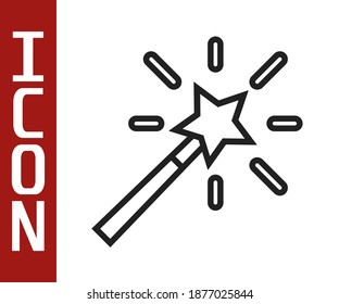Black line Magic wand icon isolated on white background. Star shape magic accessory. Magical power.  Vector