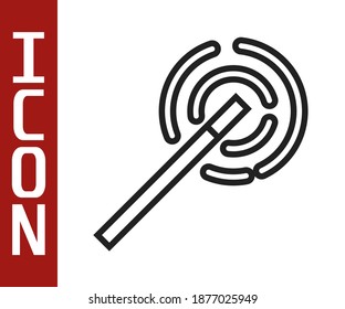 Black line Magic wand icon isolated on white background. Star shape magic accessory. Magical power.  Vector