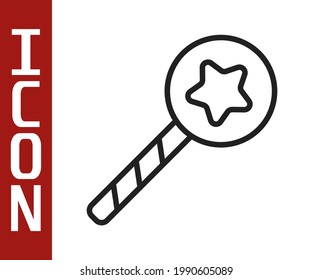 Black line Magic wand icon isolated on white background. Star shape magic accessory. Magical power.  Vector