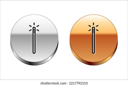 Black line Magic wand icon isolated on white background. Star shape magic accessory. Magical power. Silver-gold circle button. Vector Illustration