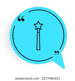 Black line Magic wand icon isolated on white background. Star shape magic accessory. Magical power. Blue speech bubble symbol. Vector