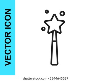 Black line Magic wand icon isolated on white background. Star shape magic accessory. Magical power.  Vector