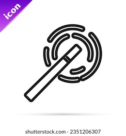 Black line Magic wand icon isolated on white background. Star shape magic accessory. Magical power.  Vector Illustration