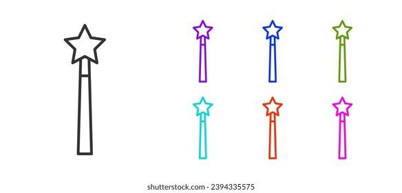 Black line Magic wand icon isolated on white background. Star shape magic accessory. Magical power. Set icons colorful. Vector
