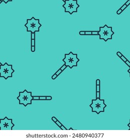 Icono de varita mágica aislado patrón sin fisuras sobre fondo verde. Accesorio mágico en forma de estrella. Poder mágico.  Vector