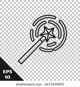 Black line Magic wand icon isolated on transparent background. Star shape magic accessory. Magical power.  Vector Illustration
