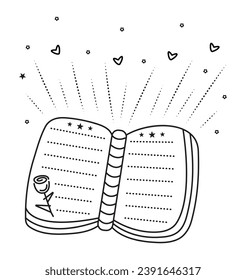 Black line magical open book, cute vector monochrome doodle