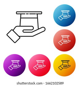 Black line Magician hat in hand icon isolated on white background. Magic trick. Mystery entertainment concept. Set icons colorful circle buttons. Vector Illustration