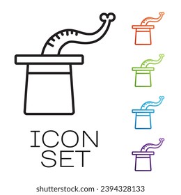 Black line Magician hat icon isolated on white background. Magic trick. Mystery entertainment concept. Set icons colorful. Vector