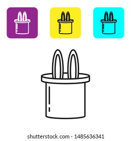 Black line Magician hat and rabbit ears icon isolated on white background. Magic trick. Mystery entertainment concept. Set icons colorful square buttons. Vector Illustration