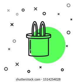 Black line Magician hat and rabbit ears icon isolated on white background. Magic trick. Mystery entertainment concept.  Vector Illustration