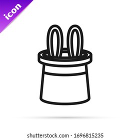 Black line Magician hat and rabbit ears icon isolated on white background. Magic trick. Mystery entertainment concept.  Vector Illustration