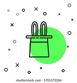 Black line Magician hat and rabbit ears icon isolated on white background. Magic trick. Mystery entertainment concept.  Vector Illustration