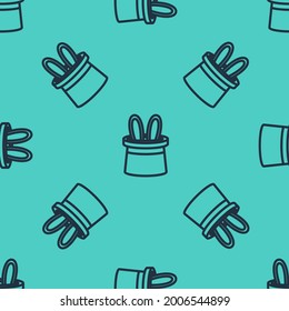 Black line Magician hat and rabbit ears icon isolated seamless pattern on green background. Magic trick. Mystery entertainment concept.  Vector