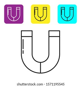 Black line Magnet icon isolated on white background. Horseshoe magnet, magnetism, magnetize, attraction. Set icons colorful square buttons. Vector Illustration