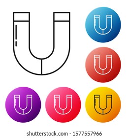 Black line Magnet icon isolated on white background. Horseshoe magnet, magnetism, magnetize, attraction. Set icons colorful circle buttons. Vector Illustration