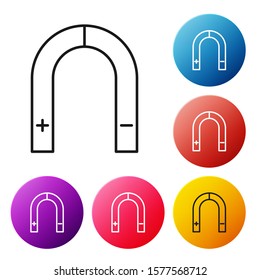 Black line Magnet icon isolated on white background. Horseshoe magnet, magnetism, magnetize, attraction. Set icons colorful circle buttons. Vector Illustration