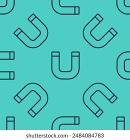 Black line Magnet icon isolated seamless pattern on green background. Horseshoe magnet, magnetism, magnetize, attraction.  Vector