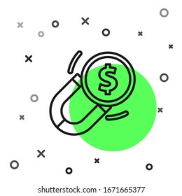 Black line Magnet with money icon isolated on white background. Concept of attracting investments. Big business profit attraction and success.  Vector Illustration