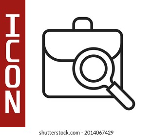 Black Line Magnifying Glass With Briefcase Icon Isolated On White Background. Job Hunting. Work Search Concept. Unemployment, Head Hunting, Career.  Vector