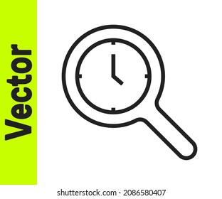 Black line Magnifying glass with clock icon isolated on white background. Clock search.  Vector