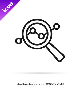Black line Magnifying glass and data analysis icon isolated on white background. Search sign.  Vector