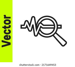 Black line Magnifying glass and data analysis icon isolated on white background. Search sign.  Vector