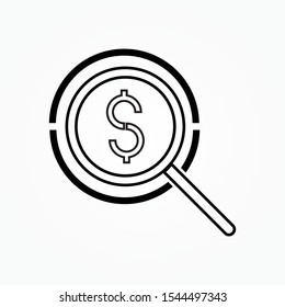 Black line Magnifying glass and dollar symbol icon isolated on white background. Find money. Looking for money. Vector Illustration