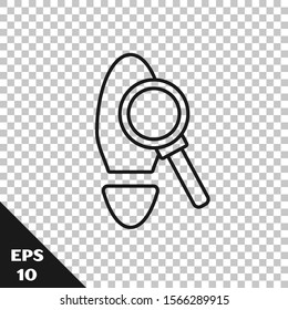 Black line Magnifying glass with footsteps icon isolated on transparent background. Detective is investigating. To follow in the footsteps.  Vector Illustration