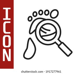 Black line Magnifying glass with footsteps icon isolated on white background. Detective is investigating. To follow in the footsteps.  Vector