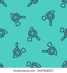 Black line Magnifying glass with footsteps icon isolated seamless pattern on green background. Detective is investigating. To follow in the footsteps.  Vector