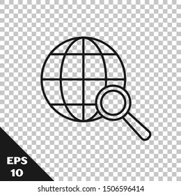 Black line Magnifying glass with globe icon isolated on transparent background. Analyzing the world. Global search sign.  Vector Illustration