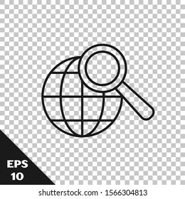 Black line Magnifying glass with globe icon isolated on transparent background. Analyzing the world. Global search sign.  Vector Illustration