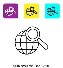 Black line Magnifying glass with globe icon isolated on white background. Analyzing the world. Global search sign. Set icons colorful square buttons. Vector Illustration