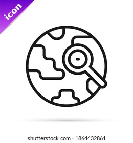 Black line Magnifying glass with globe icon isolated on white background. Analyzing the world. Global search sign.  Vector